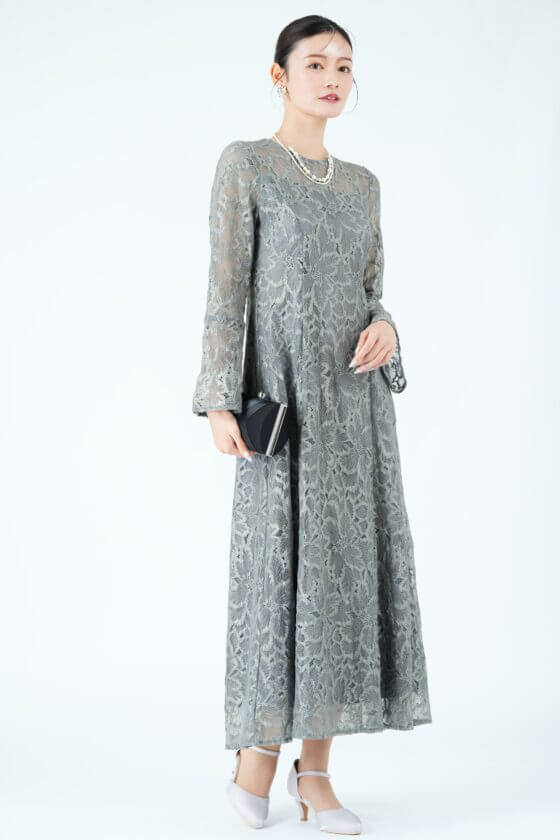 AIMER
陰影フラワーレースくすみブルードレス
