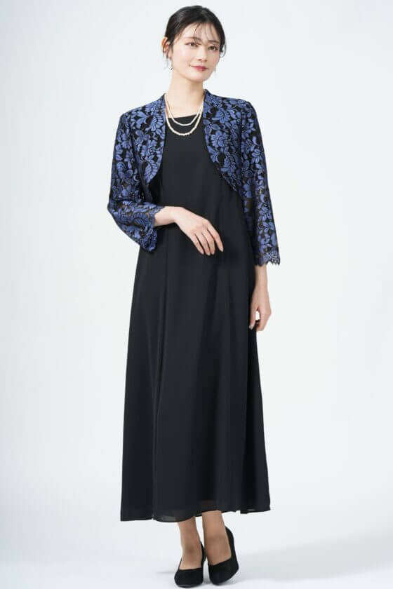 Apploberry 東京ソワールラッセルフラワーブルー刺繍×ブラックドレスセット