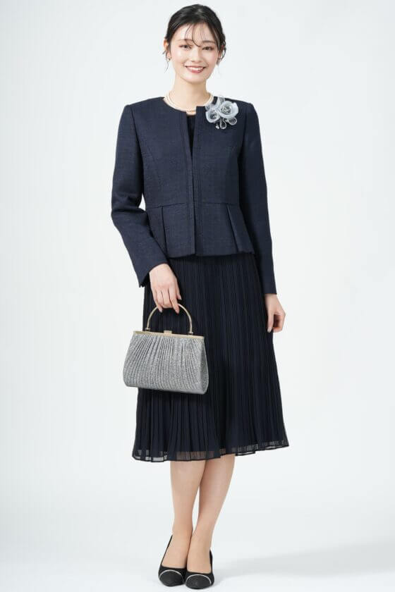 RIFANNE 東京ソワール
ラメ混ジャケットプリーツネイビードレスセット