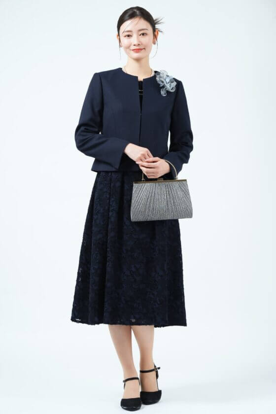 RIFANNE 東京ソワールカットジャガード織りネイビードレスセット