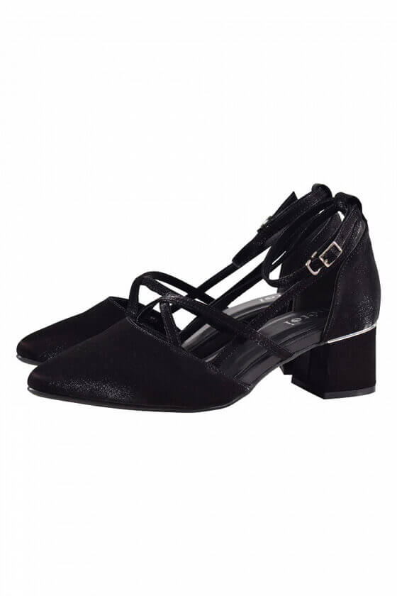 metoi サテン調チャンキーヒールブラックパンプス (M〜L)